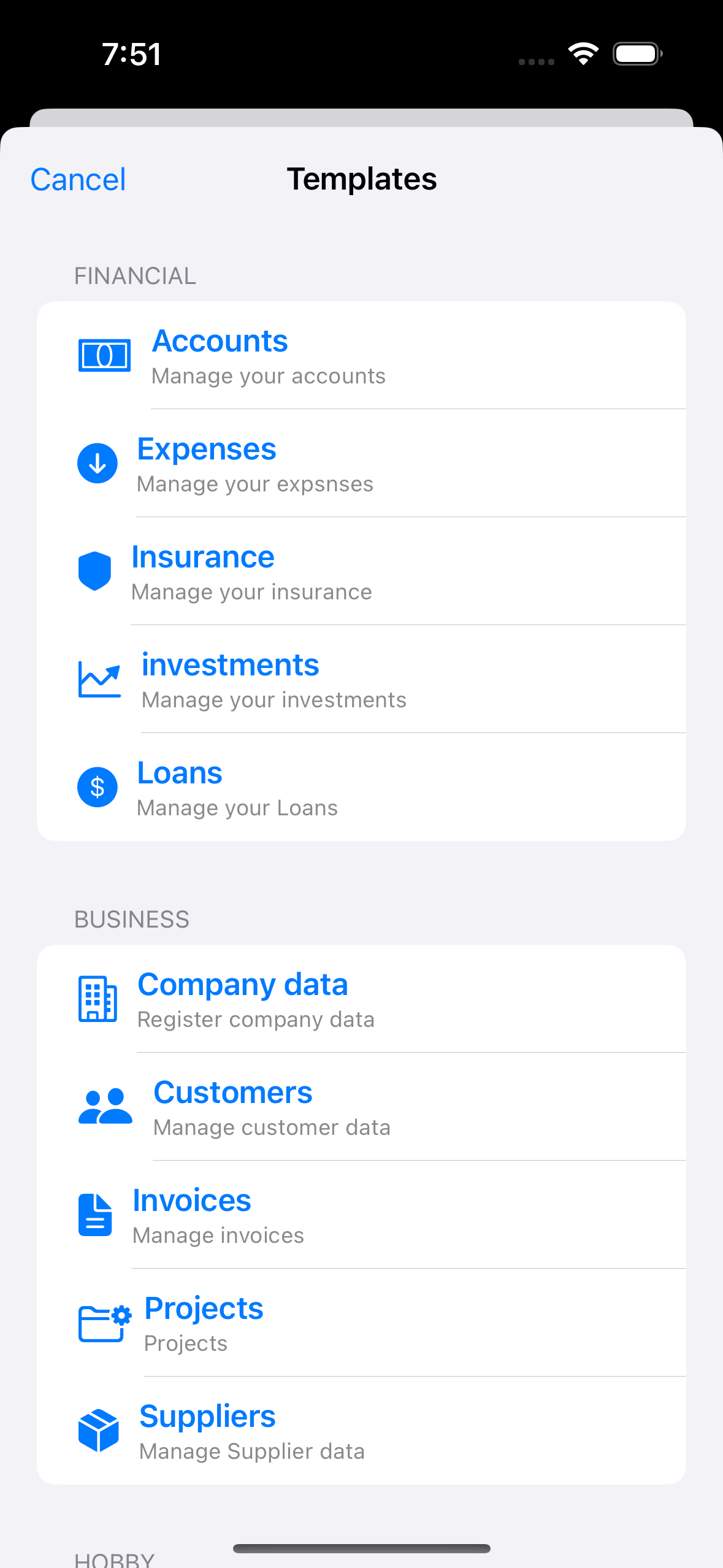 Database settings screen